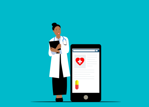 Vektorikuva, jossa terveysalan ammattihenkilö seisoo lähes saman kokoisen älypuhelimen vieressä.