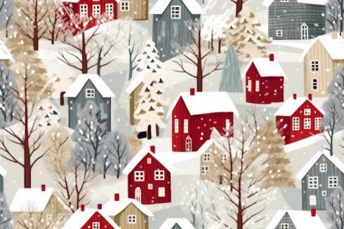 En tecknad bild med hus i ett vinterskogslandskap