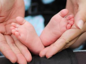Vanhemman käsien välissä pienen vauvan jalat, jalkapohjat ja varpaat näkyvät