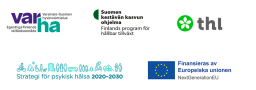 Bilden visar följande logotyper: Egentliga Finlands välfärdsområde, Finlands program för hållbar tillväxt, Institutet för hälsa och välfärd, Nationell strategi för psykisk hälsa 2020-2030 och Finansieras av Europeiska unionen/ NextGenerationEU.