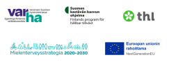 Kuvassa on seuraavat logot: Varha, Suomen kestävän kasvun ohjelma/ Finlands program för hålbar tillväxt, THL, Mielenterveysstrategia 2020-2030 ja Euroopan unionin rahoittama/ NextGenerationEU