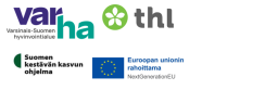 Kuva sisältää Varsinais-Suomen hyvinvointialueen, Terveyden ja hyvinvoinnin laitoksen, Suomen kestävän kasvun ohjelman sekä Euroopan unionin rahoittama: Next Generation EU -logot