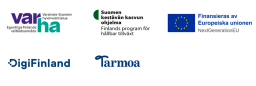 Logotyper: Varha. FInlands program för hållbar tillväxt, NextGenerationEU, Digifinland och Tarmoa.